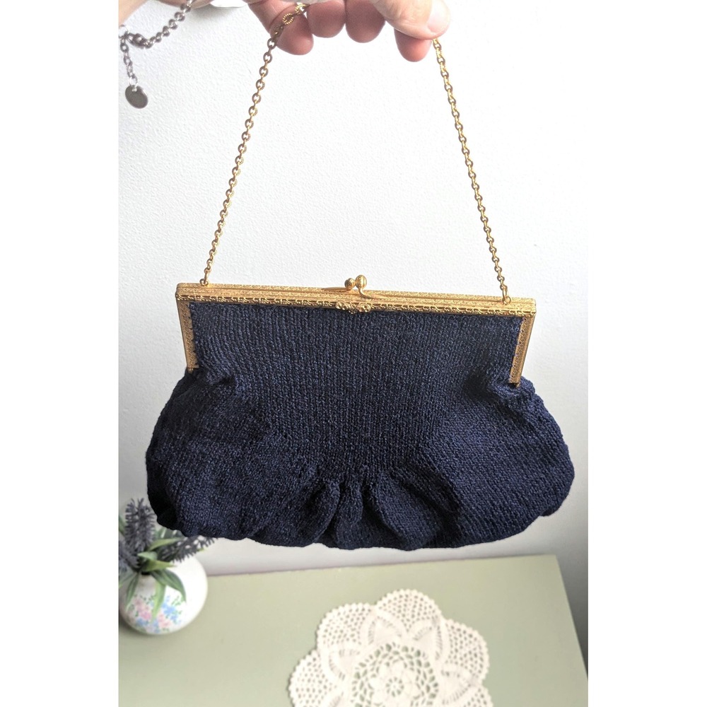 Vintage 1930s Navy Blue Corde Crochet Evening Purse Gold Frame Chain Bag